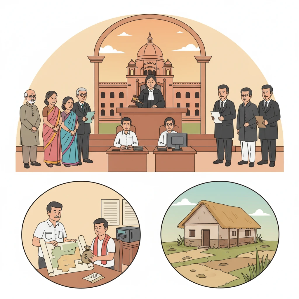 Courtroom illustration showing a Khas Mahal land lease dispute before the Patna High Court.