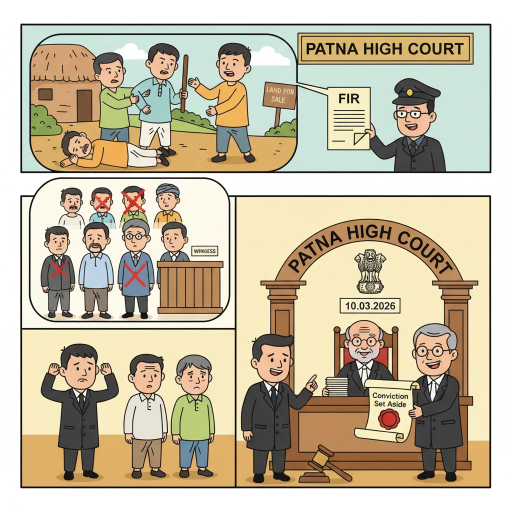 Illustration of Patna High Court reviewing a criminal hurt conviction from a village land dispute.