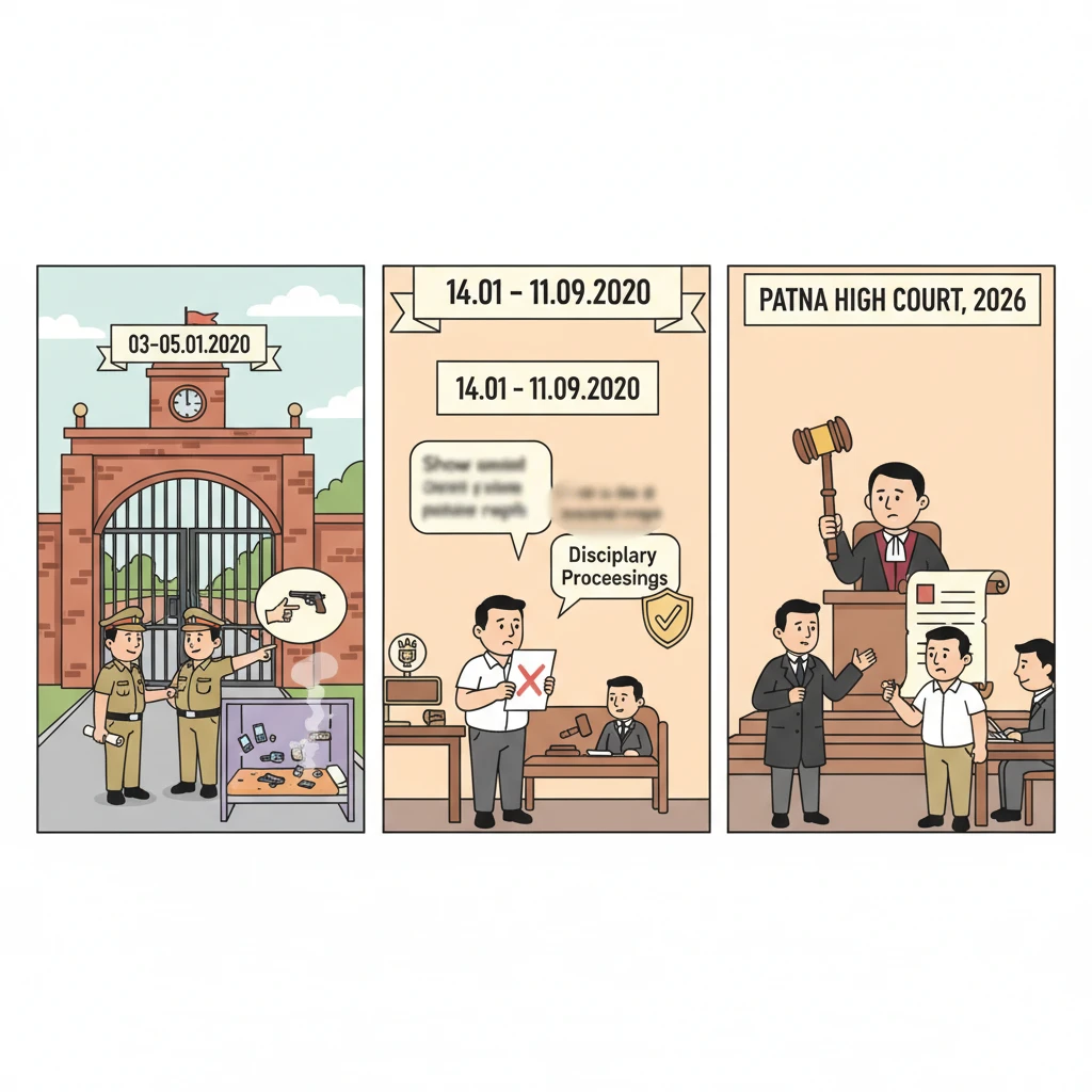 Courtroom illustration representing Patna High Court review of jail disciplinary enquiry