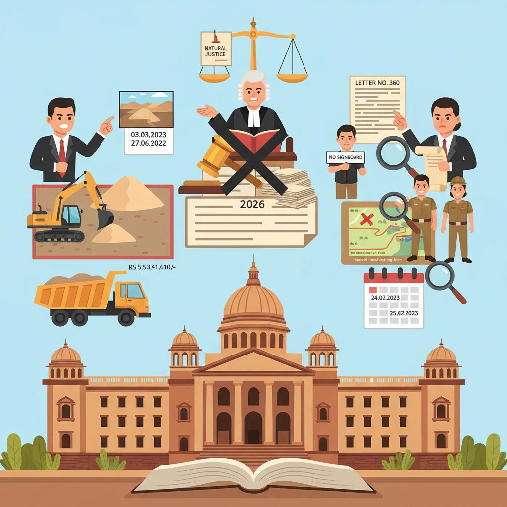 Courtroom illustration showing scrutiny of penalty for alleged illegal sand mining in Bihar.
