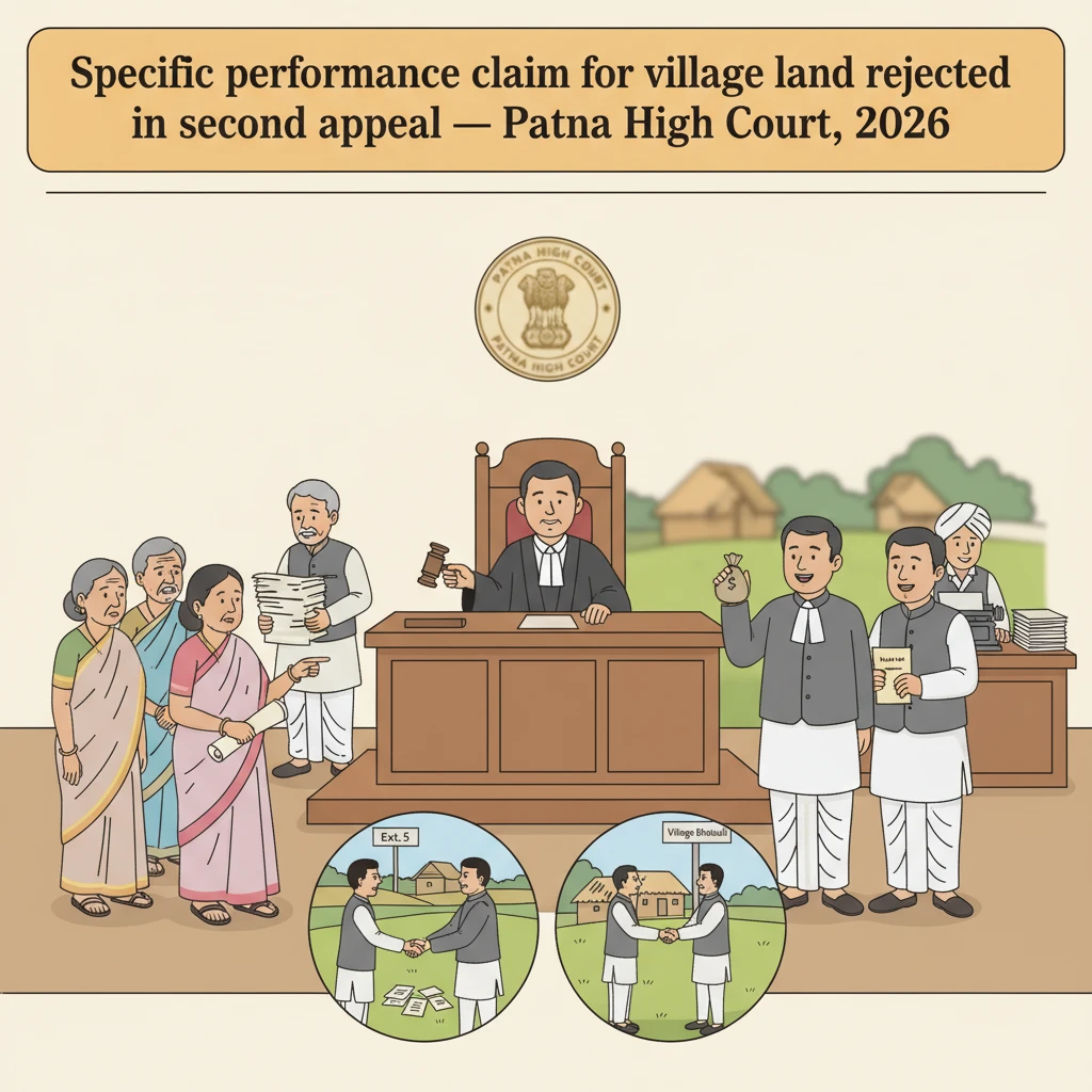Courtroom-themed illustration representing a Patna High Court decision on land sale specific performance.