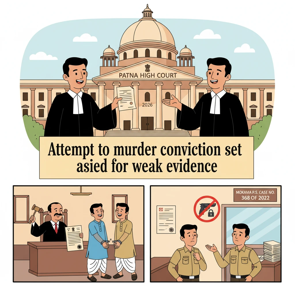 Courtroom scene depicting a Patna High Court judge hearing a criminal appeal in a village firing case.