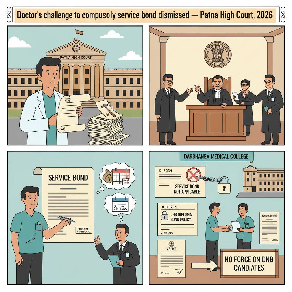 Illustration of Patna High Court examining compulsory service bonds for doctors in Bihar.
