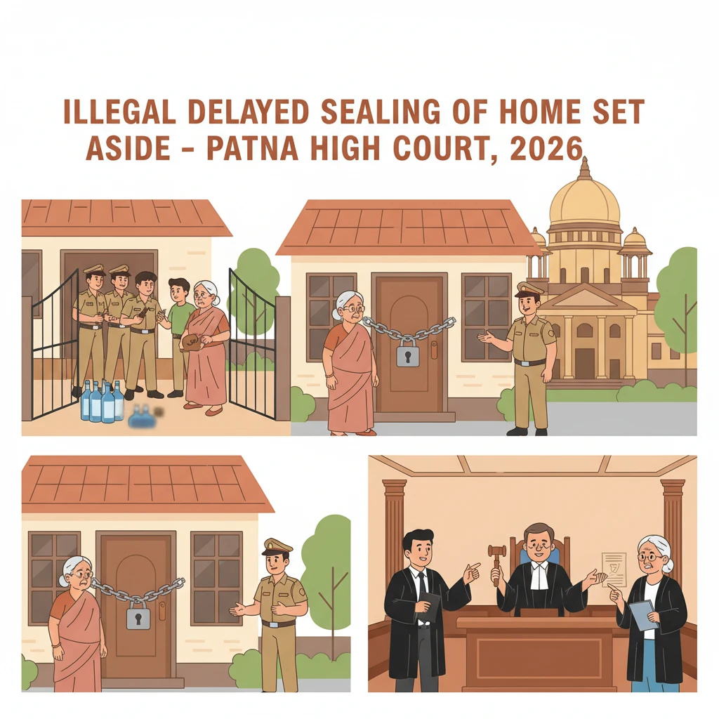 Courtroom illustration showing challenge to delayed sealing of a house under Bihar Prohibition law.