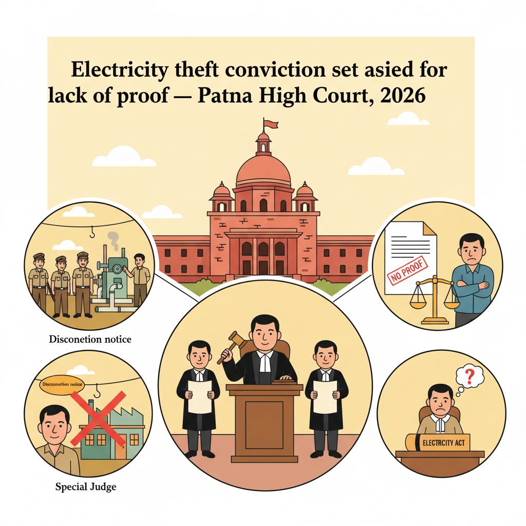 A courtroom scene showing judges reviewing an electricity theft conviction on appeal.