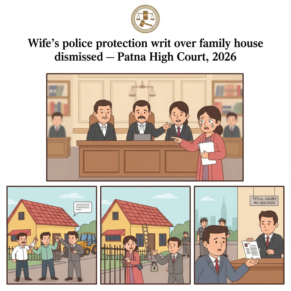 Courtroom illustration showing judges hearing a family house ownership dispute.