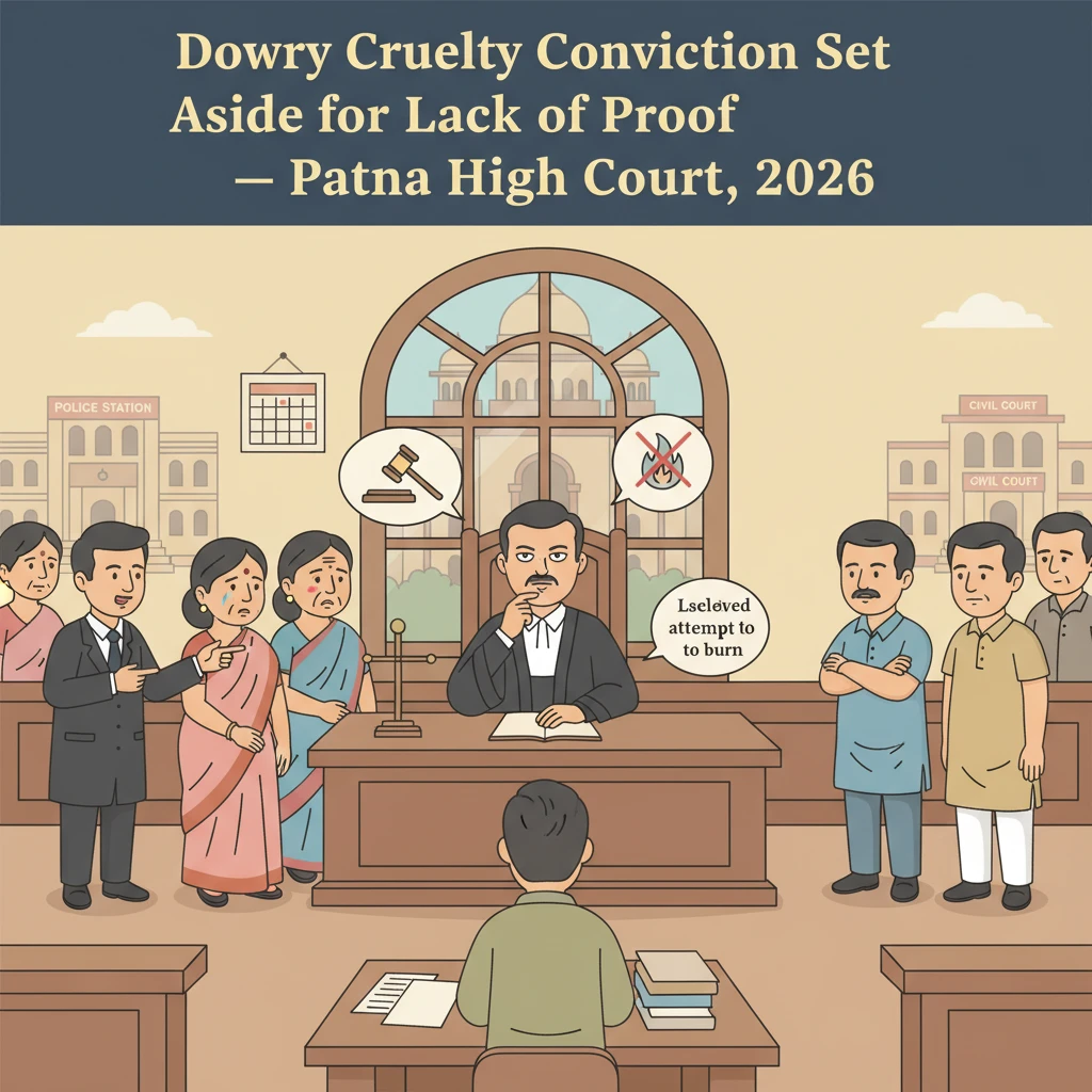 Courtroom illustration showing a dowry cruelty case being argued before the Patna High Court.