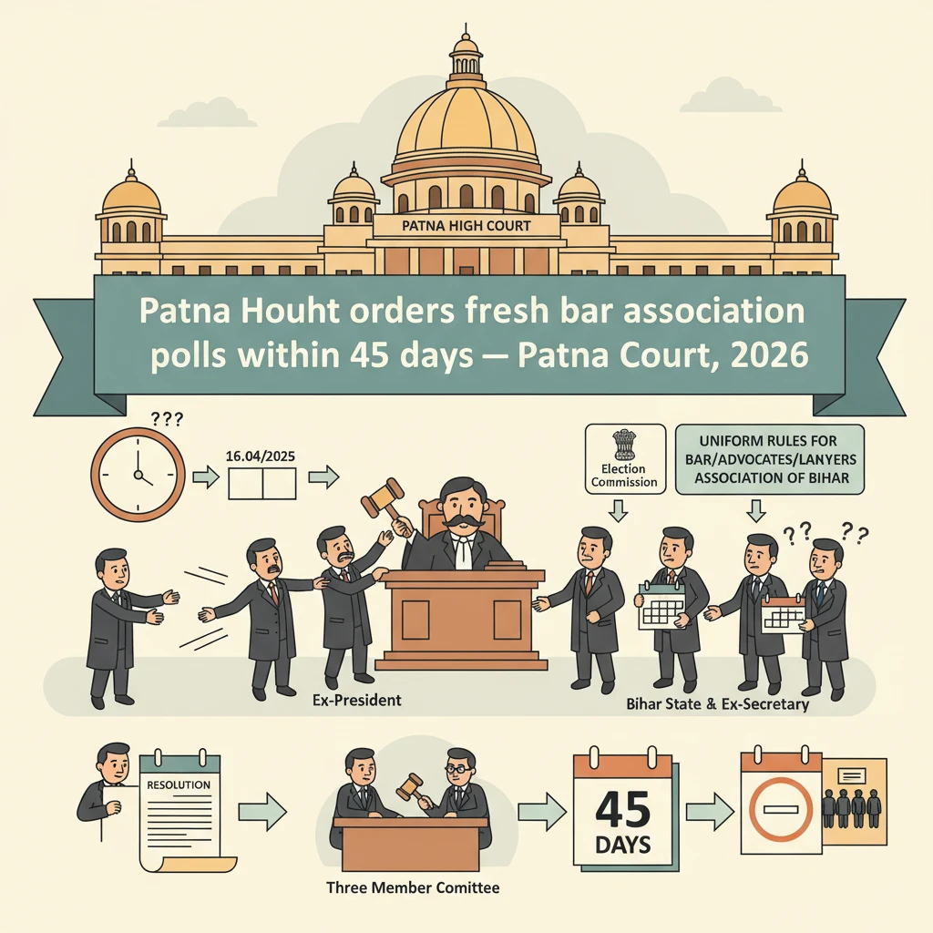 Illustration of Patna High Court overseeing bar association elections in Bihar.