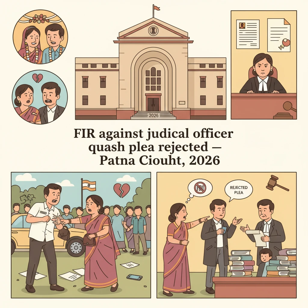 Courtroom illustration showing a judge deciding on an FIR against a judicial officer.