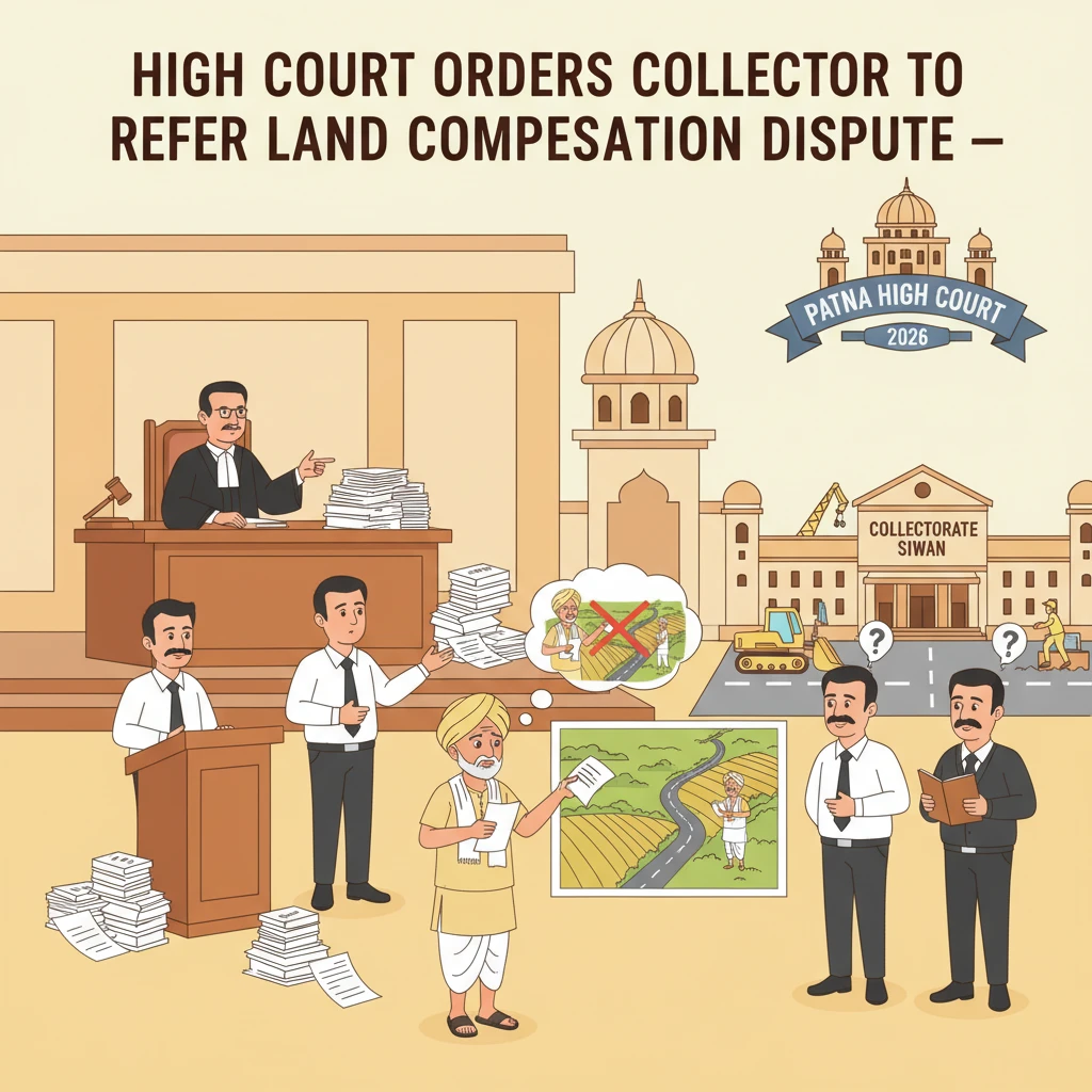 Illustration of Patna High Court overseeing a village land compensation dispute.