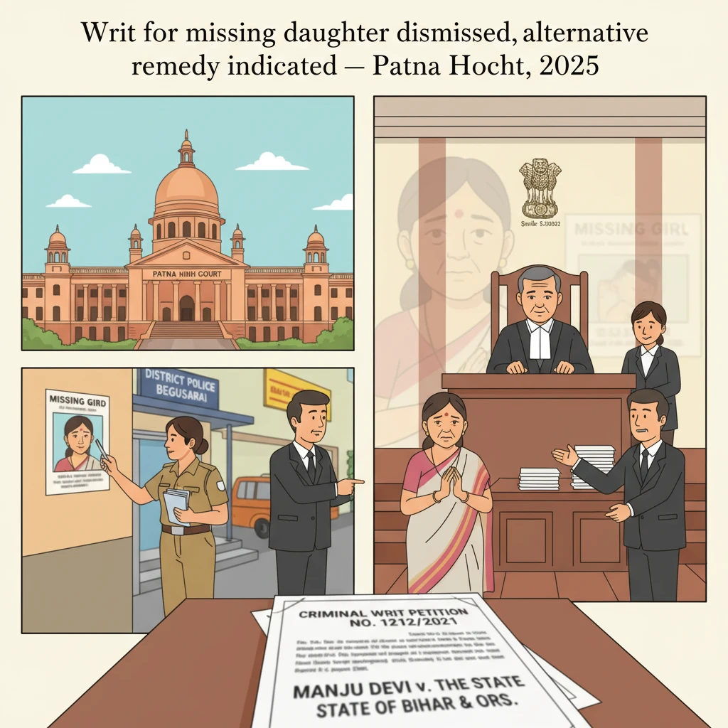 A courtroom scene at Patna High Court depicting a missing person writ hearing.