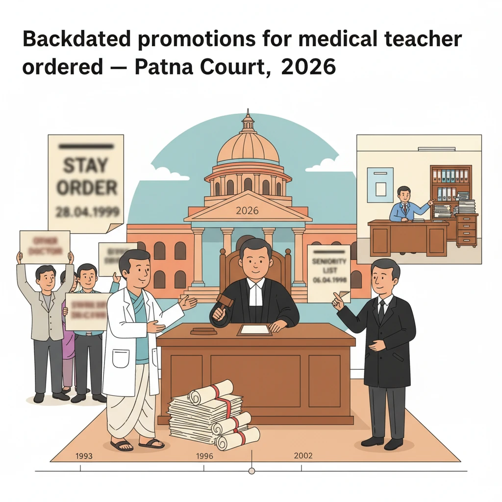 Courtroom illustration showing promotion dispute of a government medical college teacher.