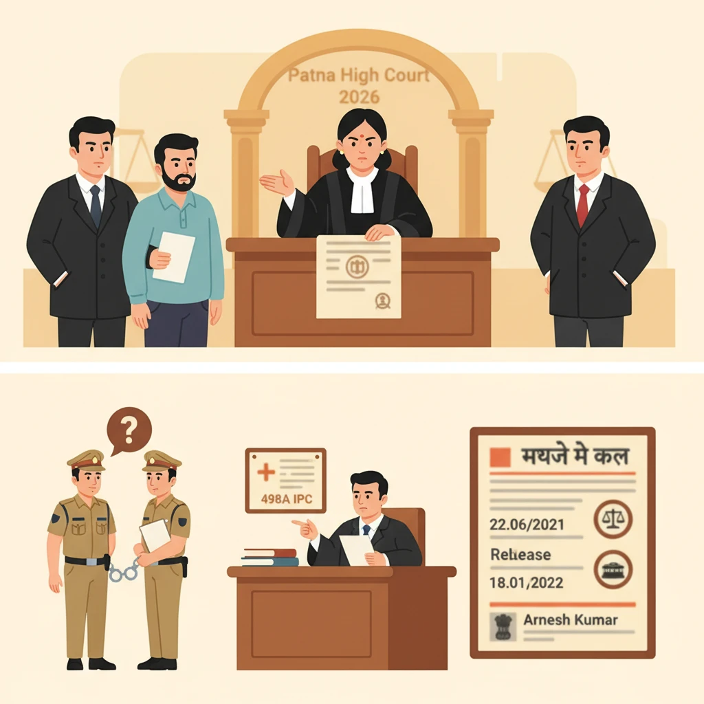 Illustration of Patna High Court hearing on alleged illegal arrest in matrimonial dispute.