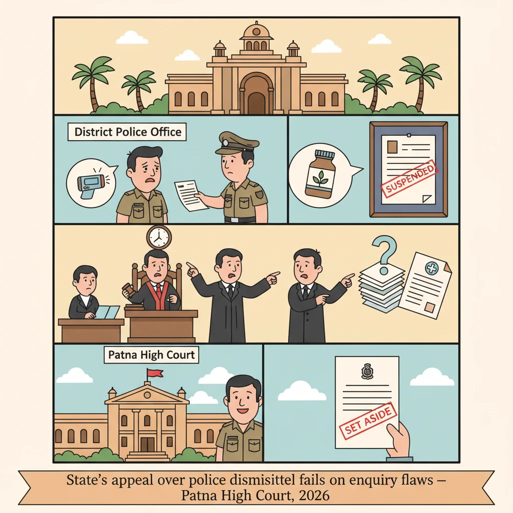 Courtroom scene illustrating Patna High Court review of a police departmental enquiry.