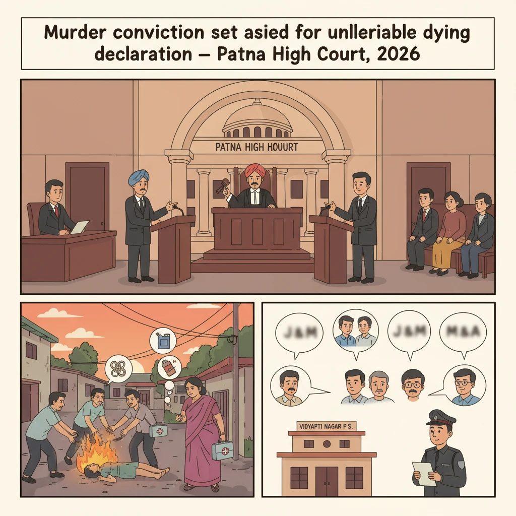 Courtroom illustration showing Patna High Court hearing a criminal appeal in a burn death case