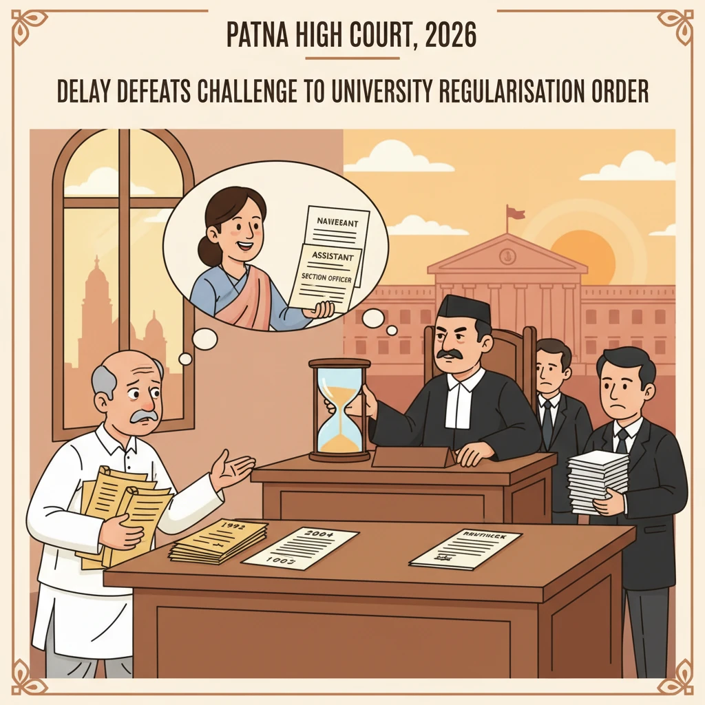 Courtroom illustration symbolising Patna High Court scrutiny of delayed service regularisation claims.