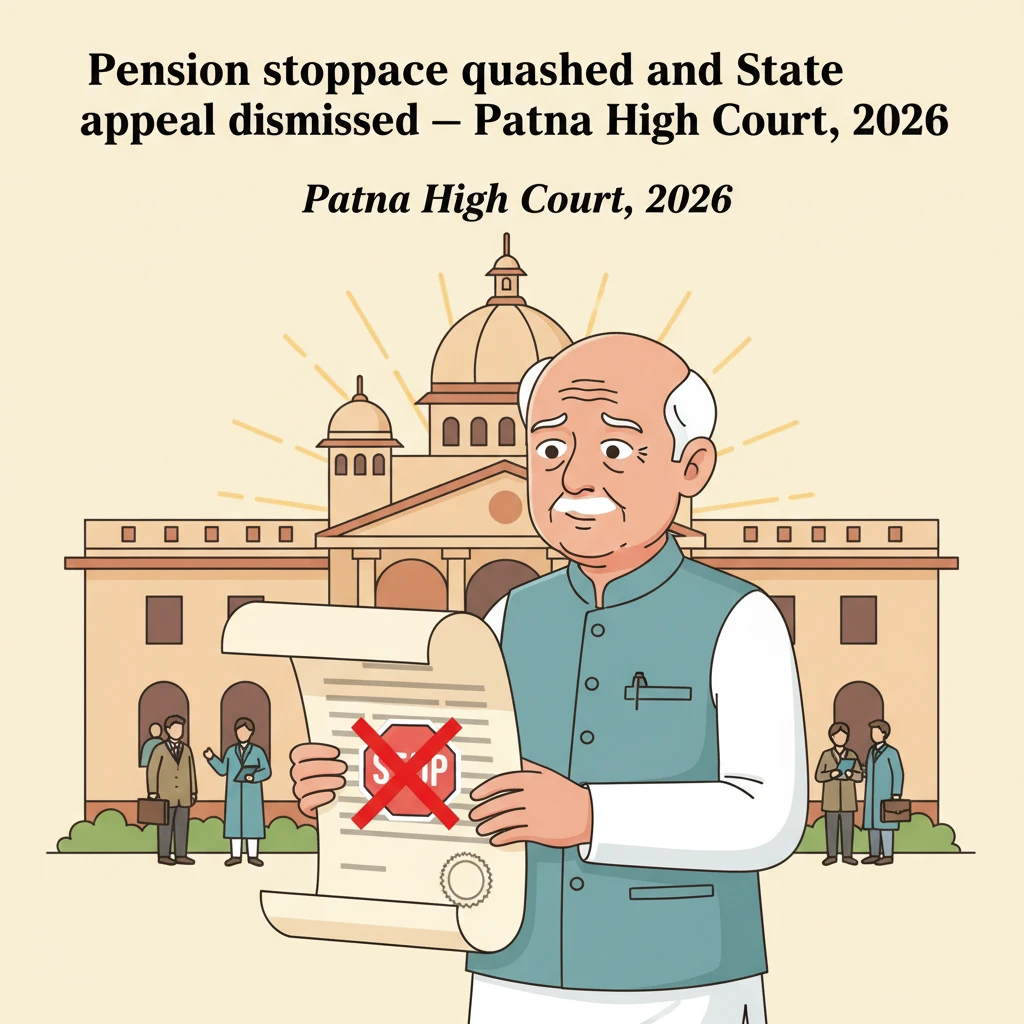 Illustration of Patna High Court examining a pension stoppage dispute of a retired doctor.