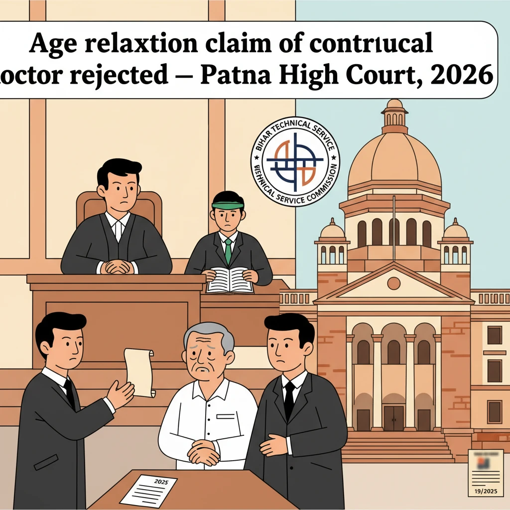 Courtroom illustration showing Patna High Court hearing on age relaxation for a contractual doctor.