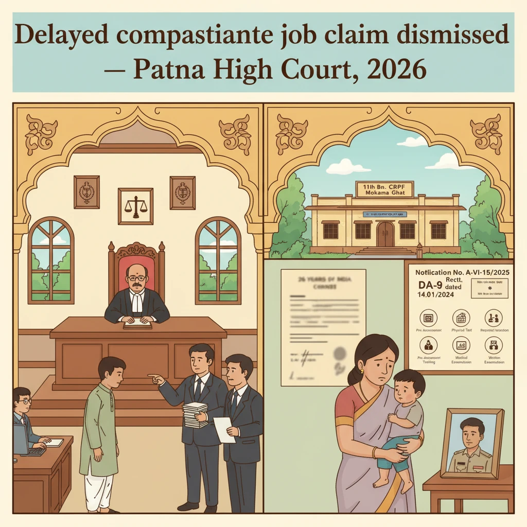 Illustration of Patna High Court reviewing a delayed compassionate appointment claim in CRPF.