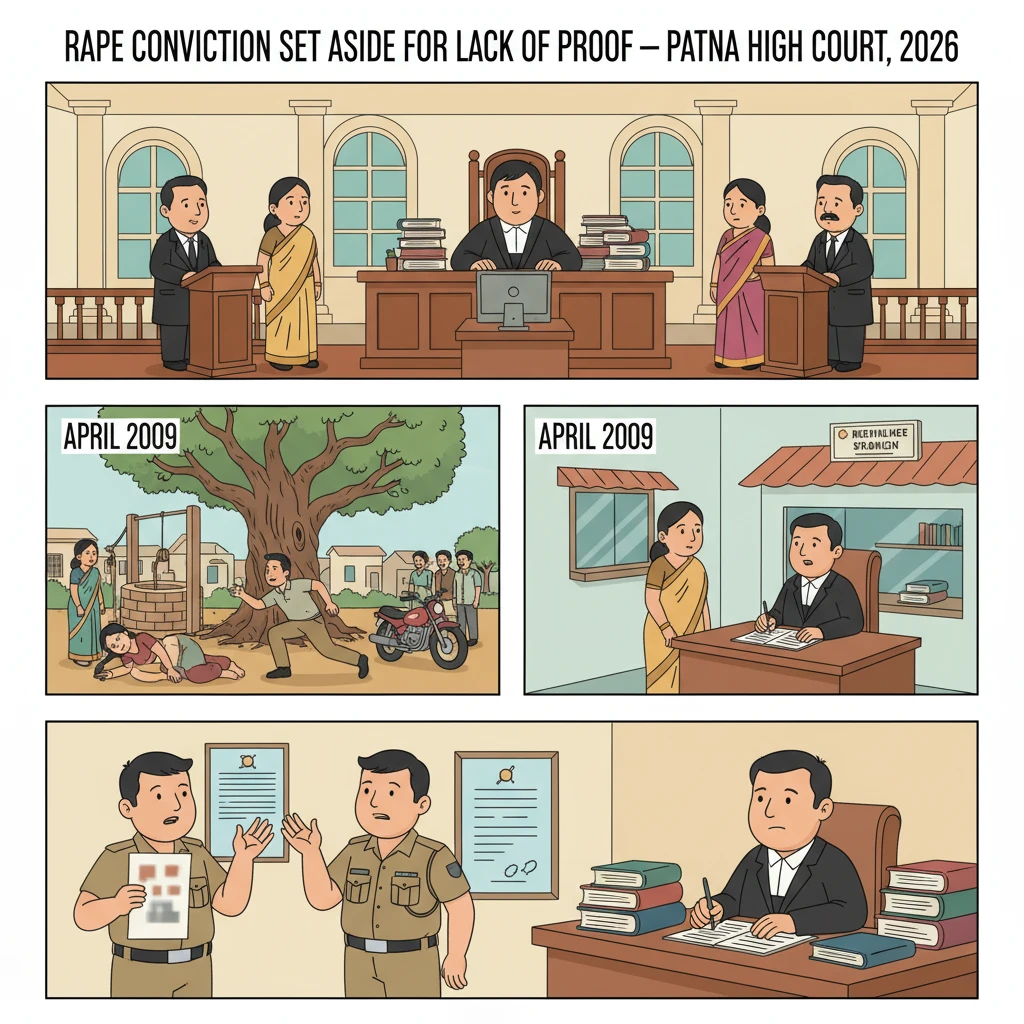 Illustration of Patna High Court reviewing a rape conviction based on doubtful evidence.