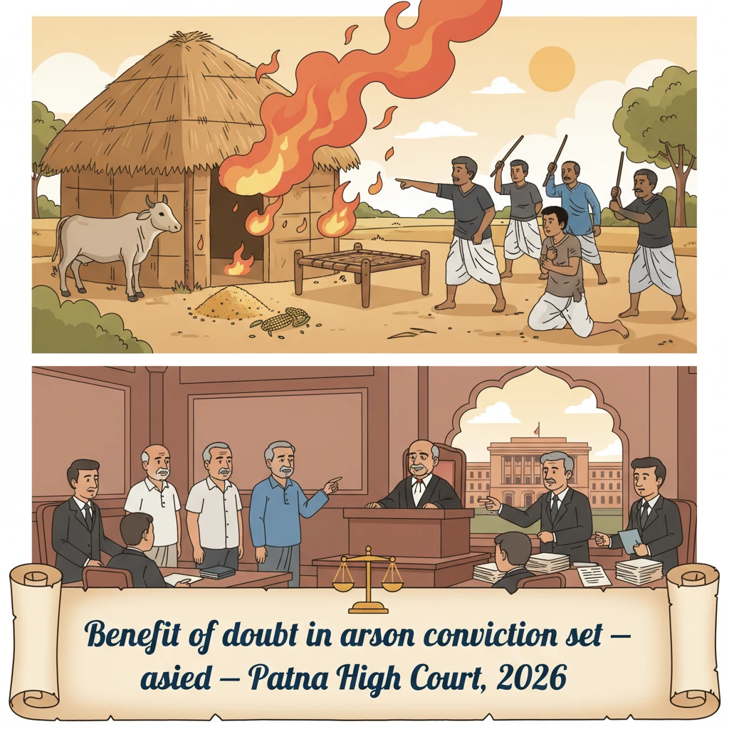 Courtroom illustration of a Patna High Court judge hearing a criminal appeal from a village land dispute.