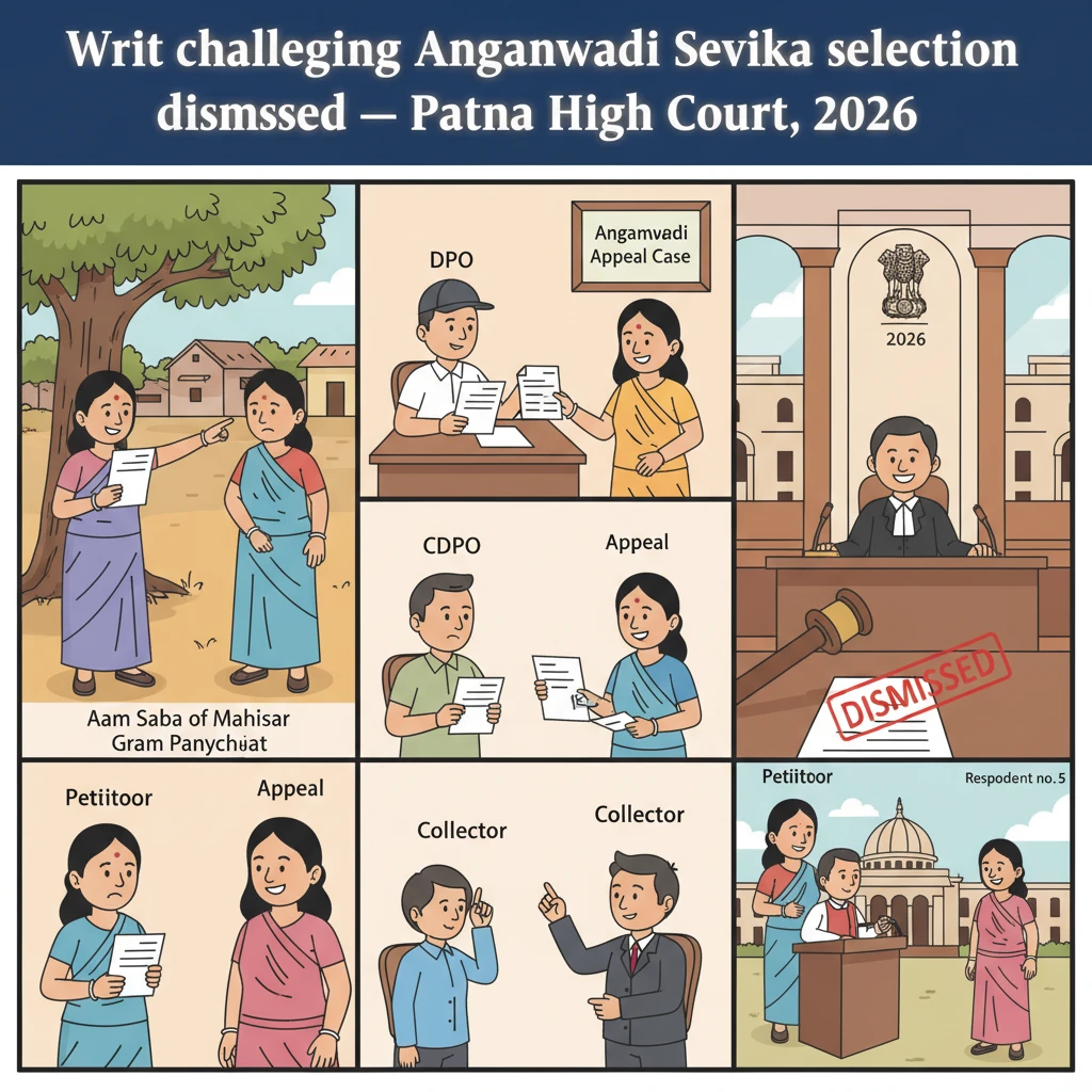 Illustration of Patna High Court examining a dispute over Anganwadi Sevika selection in Bihar.