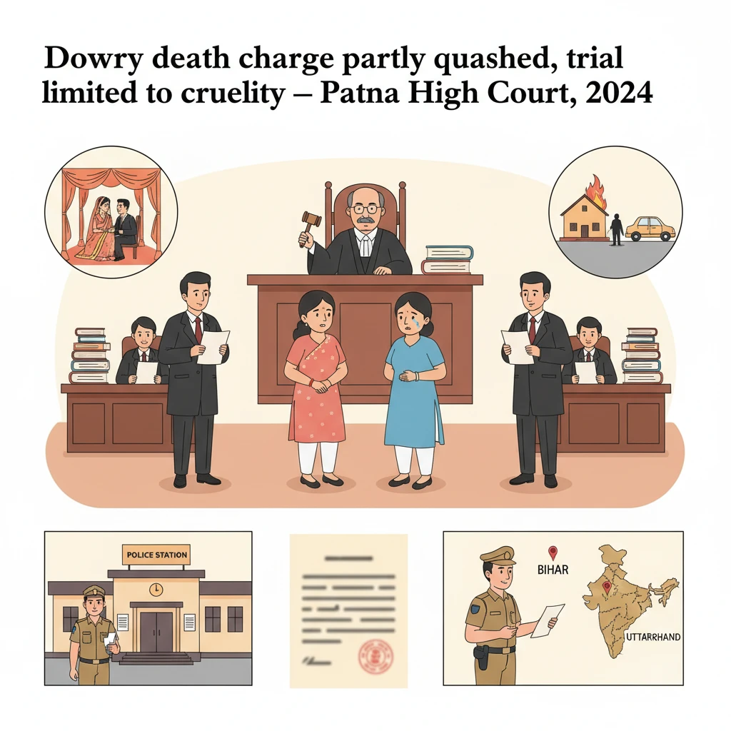 Courtroom illustration showing judges reviewing a dowry death case record.