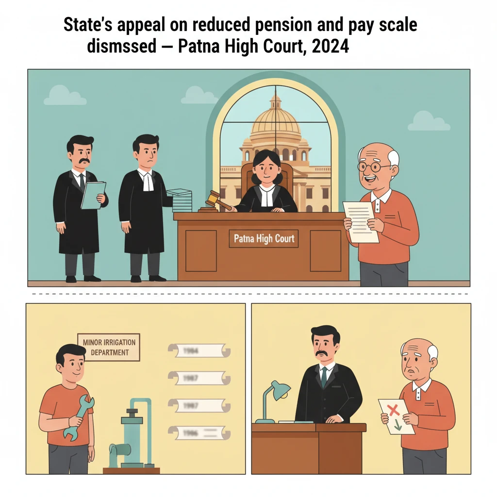 Courtroom illustration showing judges examining pay scale dispute of a regularised government employee.