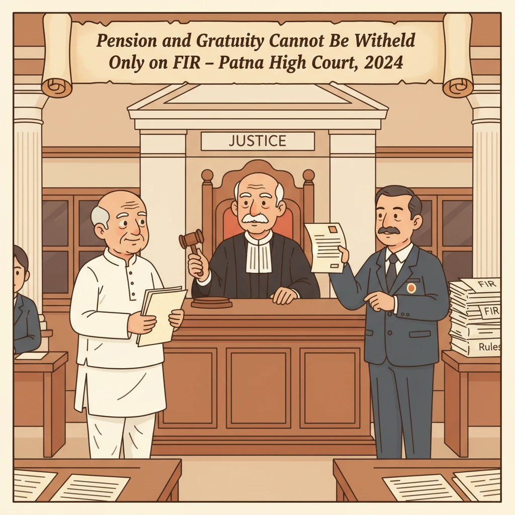 Courtroom illustration representing Patna High Court decision on pension and gratuity for a retired government teacher