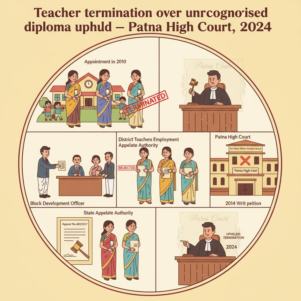 Courtroom illustration showing Patna High Court hearing on teacher termination dispute.