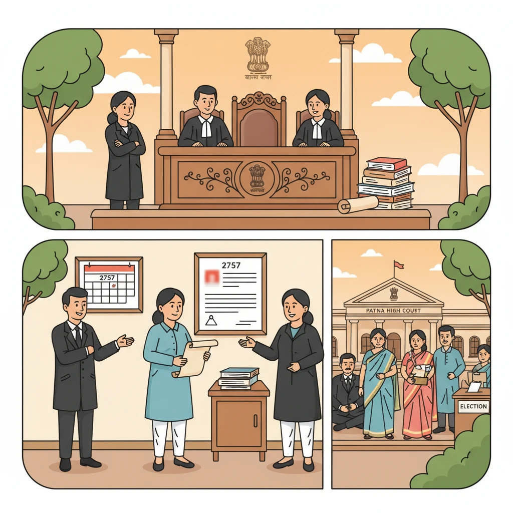 Courtroom illustration showing a dispute over Zila Parishad chairperson election in Patna.