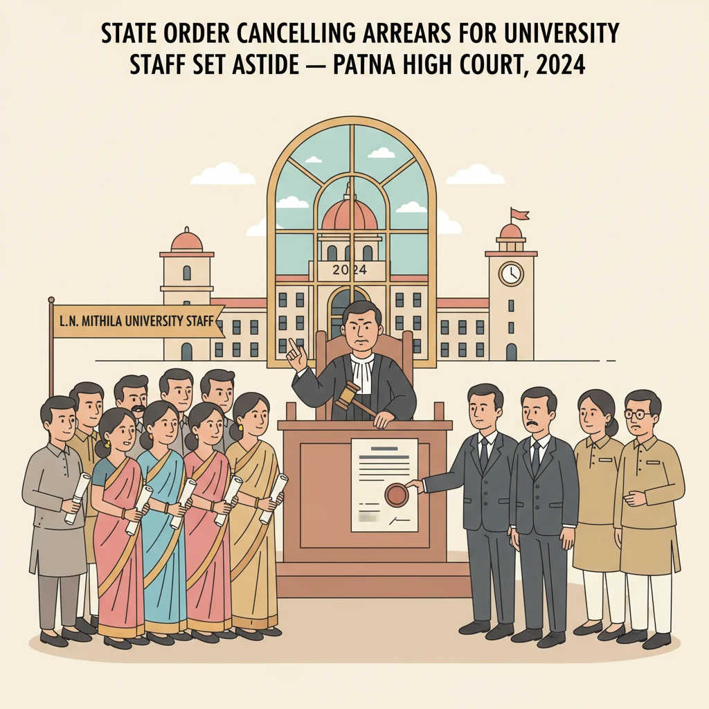 Illustration of Patna High Court examining salary arrears of university employees.