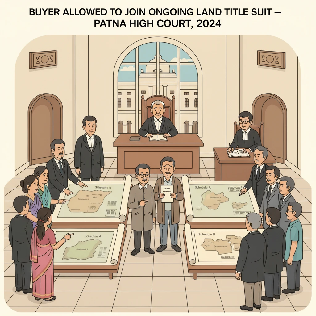 Illustration of Patna High Court hearing a land title impleadment dispute.