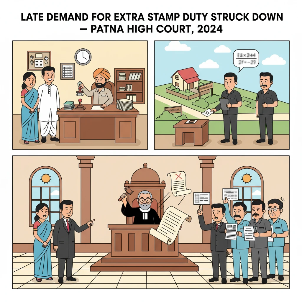 Courtroom scene illustrating Patna High Court review of delayed stamp duty demand.