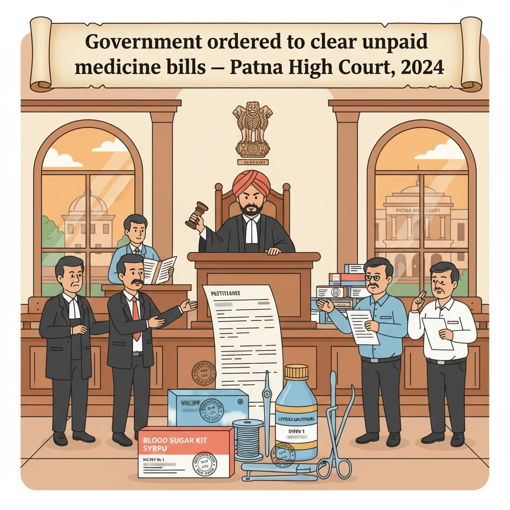 Courtroom scene illustrating a dispute over unpaid government medicine supply bills.