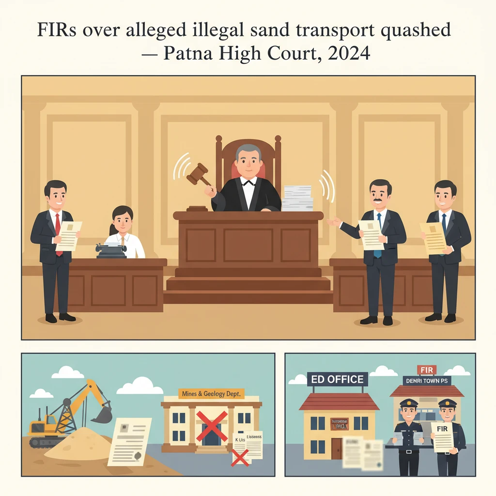 Illustration of Patna High Court examining FIRs over alleged illegal sand transport in Bihar.
