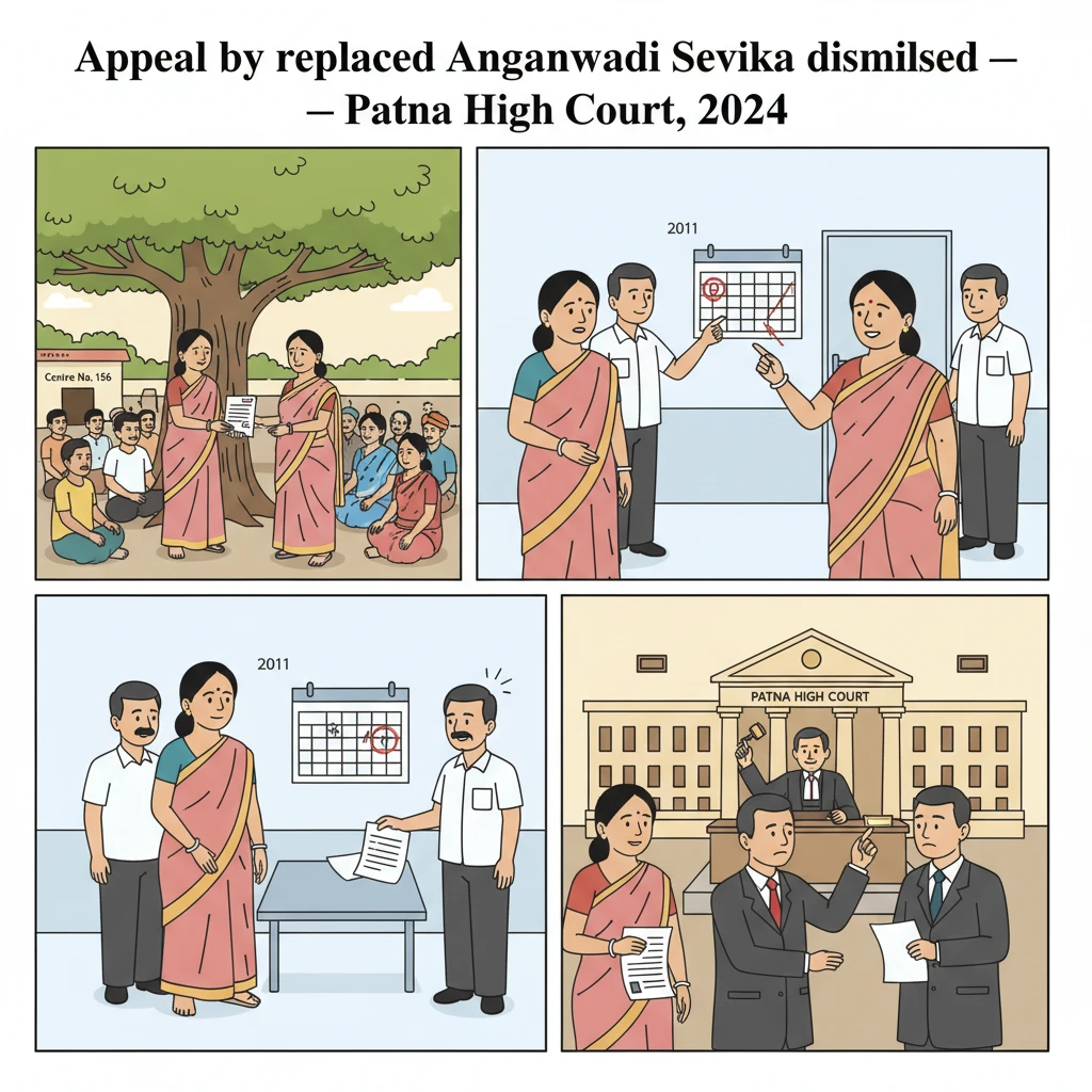 Courtroom illustration showing judges hearing a dispute over Anganwadi Sevika reinstatement.