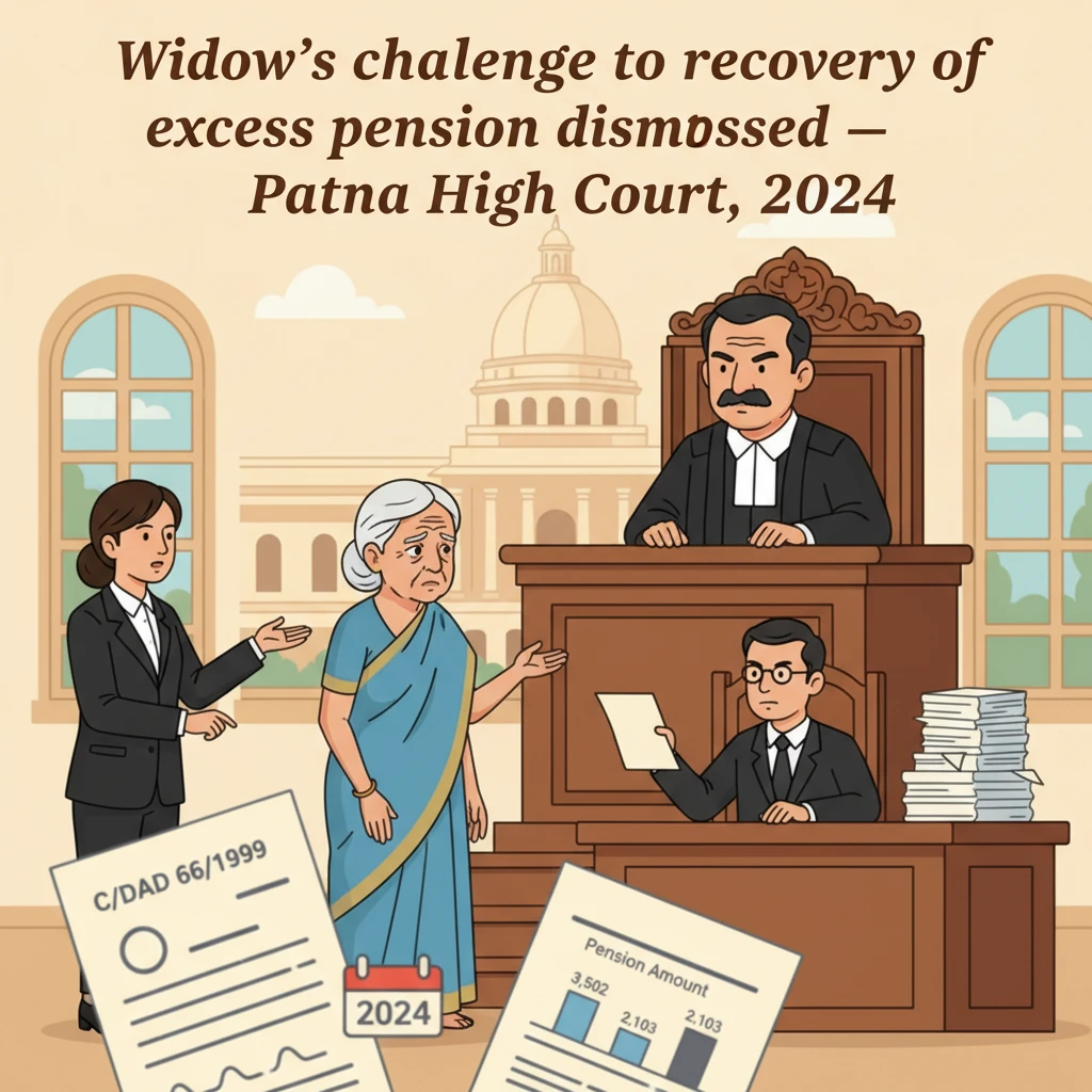 Courtroom style illustration showing dispute over recovery of excess family pension.