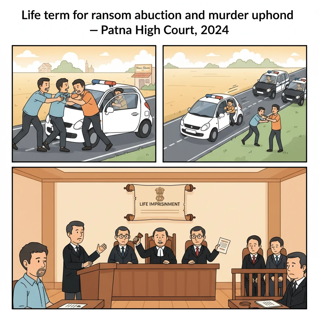 Courtroom illustration representing Patna High Court deciding a kidnapping for ransom and murder appeal.