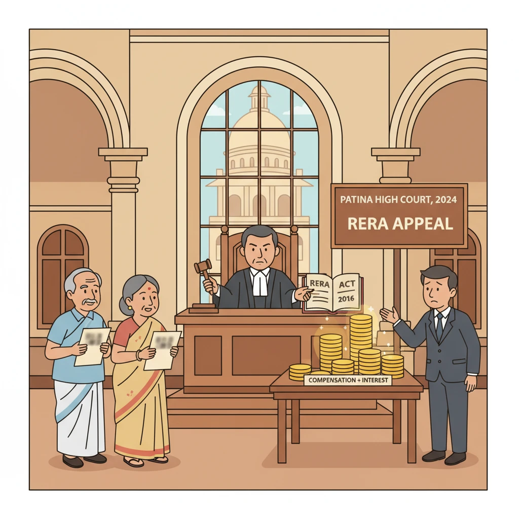 Patna High Court courtroom scene illustrating a RERA dispute between a developer and landowners.