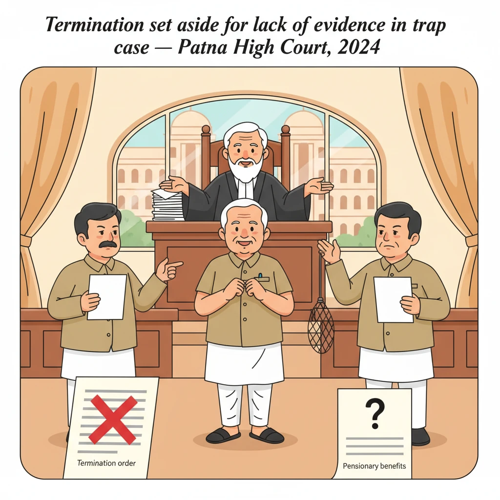 Courtroom illustration showing Patna High Court reviewing a departmental termination case.