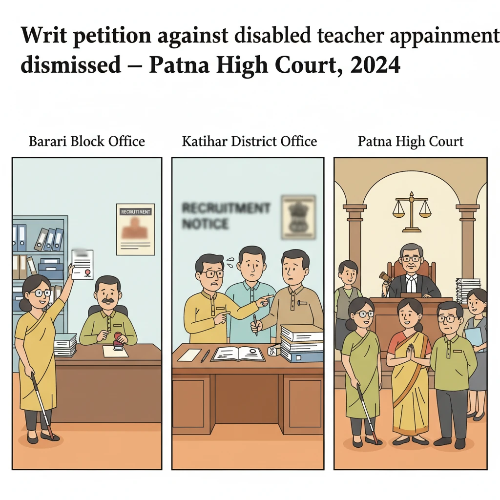 Courtroom scene showing dispute over disabled teacher appointment in Bihar.