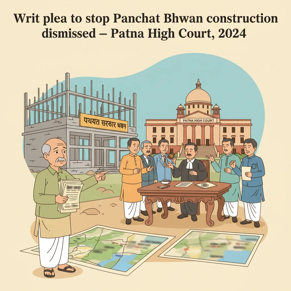 Exterior view of a village panchayat office building with a court-themed overlay.