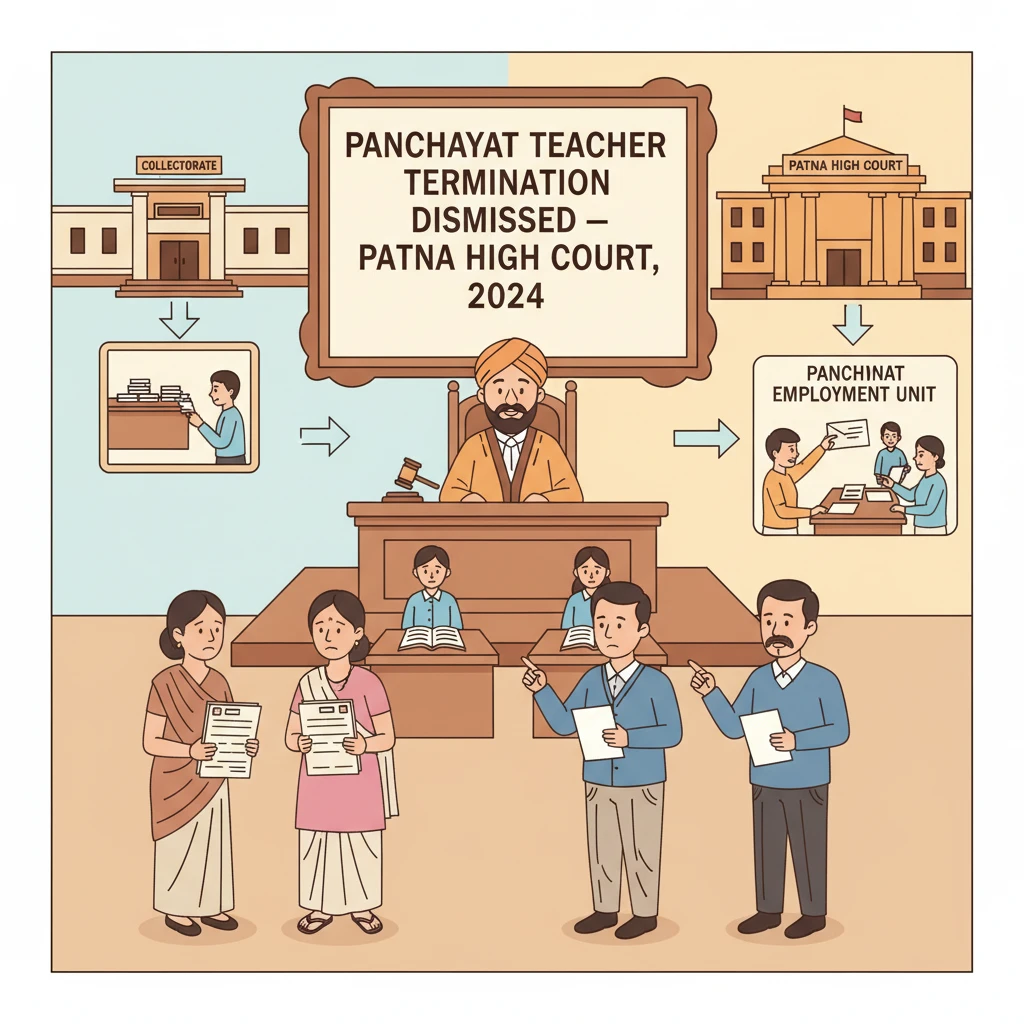 Courtroom scene depicting judicial review of cancelled Panchayat teacher appointments in Bihar.