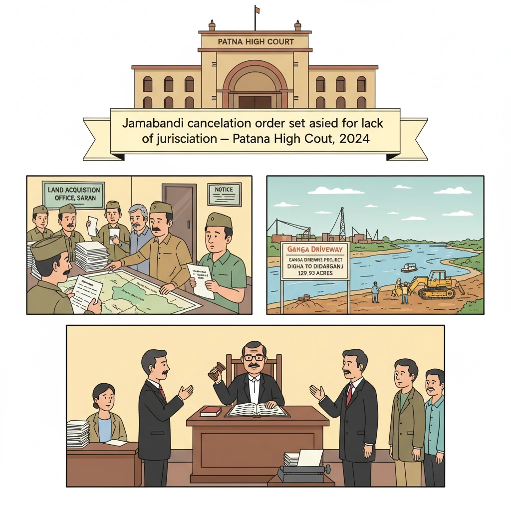 Illustration of Patna High Court reviewing cancellation of land records for a highway project.