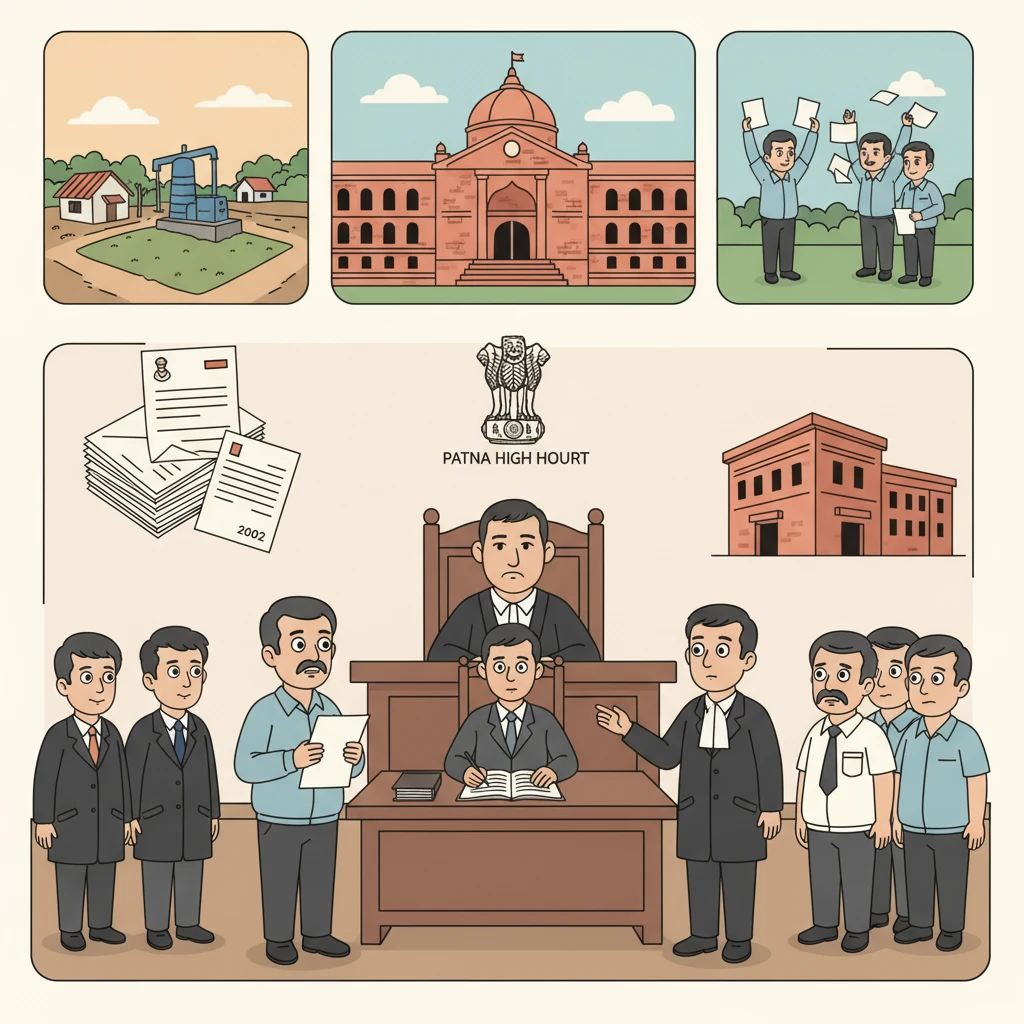 Illustration of Patna High Court hearing a dispute over land-for-job daily wage employment.