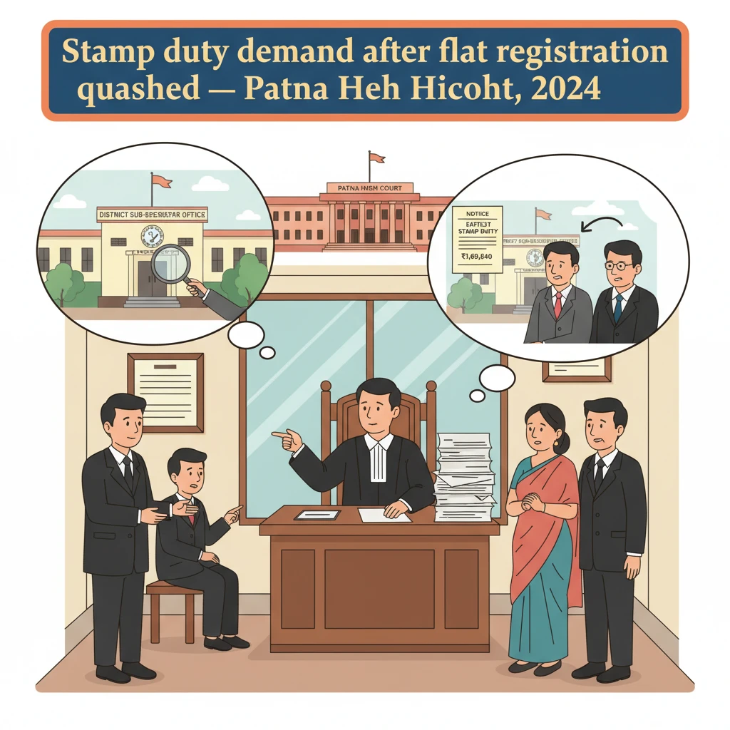Patna High Court building with documents symbolising a property stamp duty dispute.