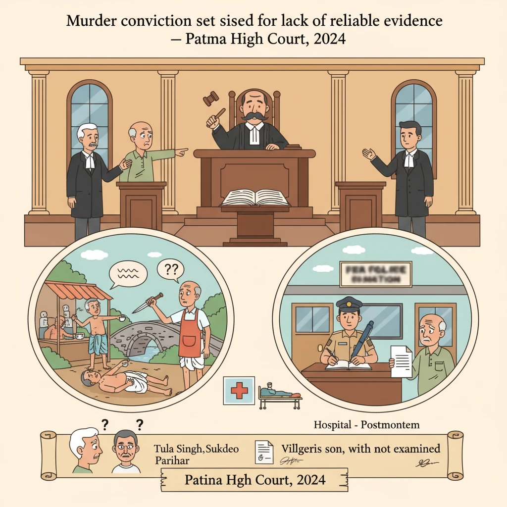 Courtroom illustration of judges reviewing a murder conviction from a village tea shop incident.