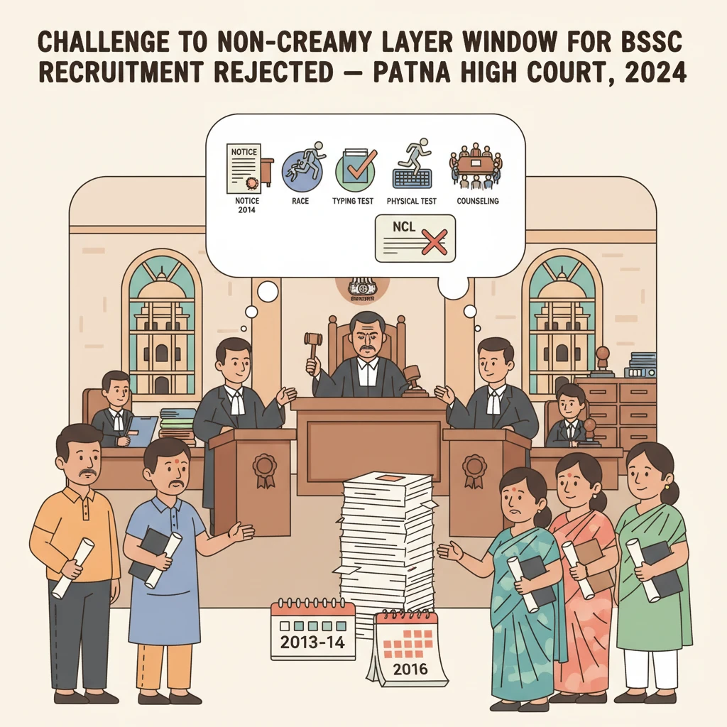 Courtroom illustration symbolizing Patna High Court review of Bihar recruitment and NCL certificates.