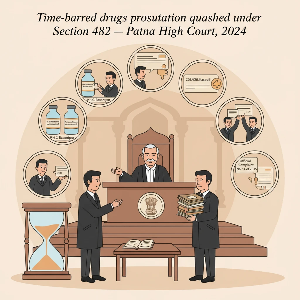 Illustration of a Patna High Court judge reviewing a drugs prosecution file.